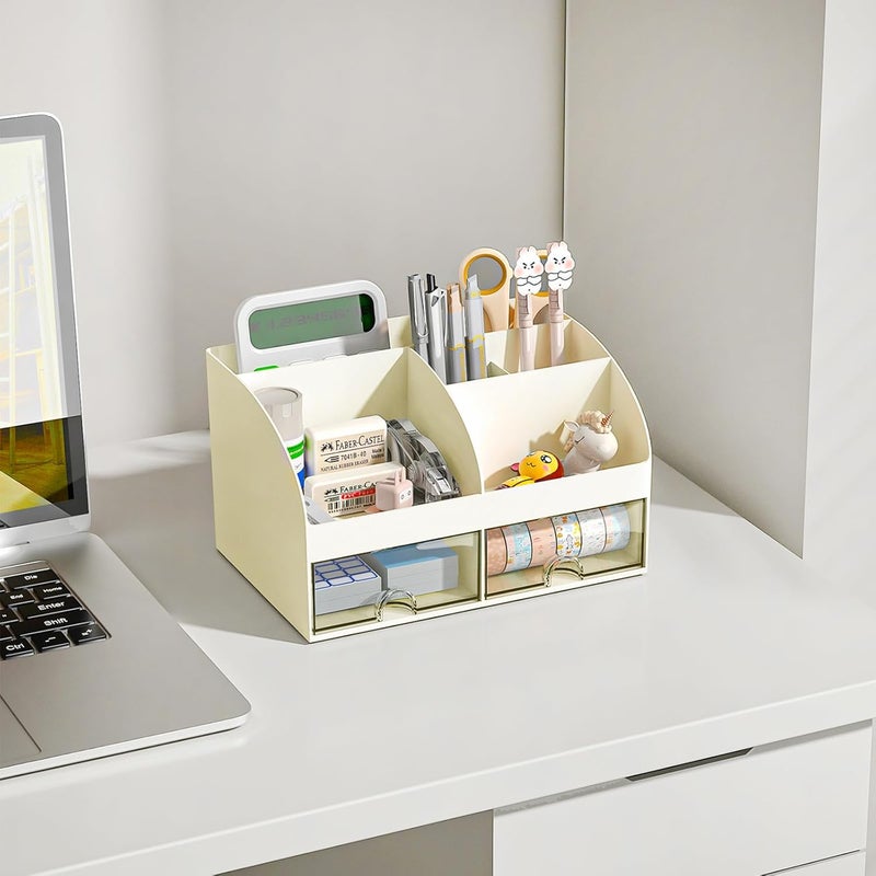 COMFYROOM Desk Organizer with 6 Compartments and 2 Drawers, Plastic Makeup Organizer, Pen Holder for Desktop Storage, Desk Organization for School, Home, Office Supplies (Ivory) - Image 2